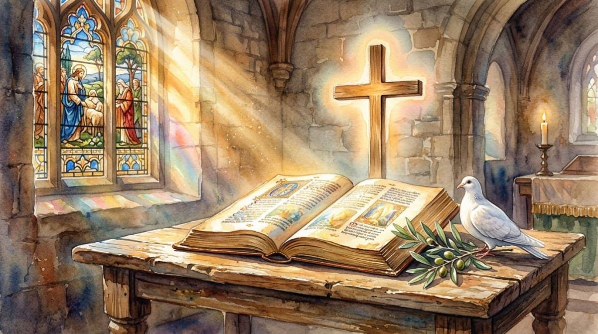 Watercolor painting of an open Bible bathed in golden sunlight with a cross, dove, and olive branches