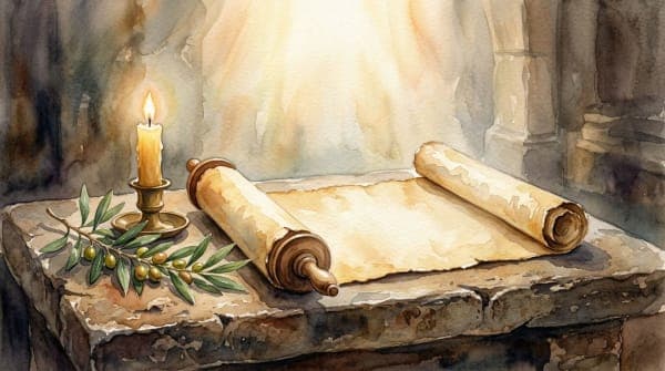 Watercolor of an ancient scroll with a burning candle and divine light