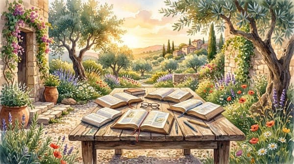 Watercolor of open Bibles on a table in a sunlit garden with olive trees